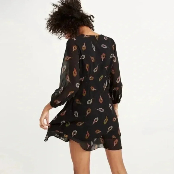 Madewell Black Poppy Wrap Long Sleeve Peacock Mini Dress - Picture 2 of 11